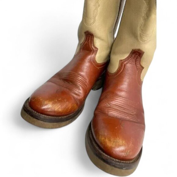 Old West Ivory Brown Long Straps Leather Western Cowboy Work Boots Men's 10 D - Picture 4 of 12